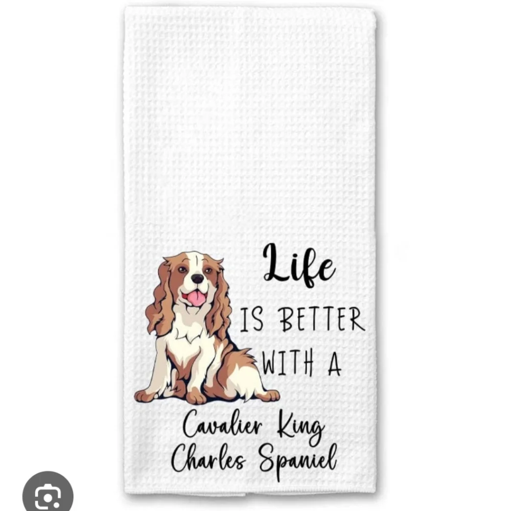 Cavalier King Charles Spaniel Dog Themed White Waffle Weave Kitchen Dish Towel